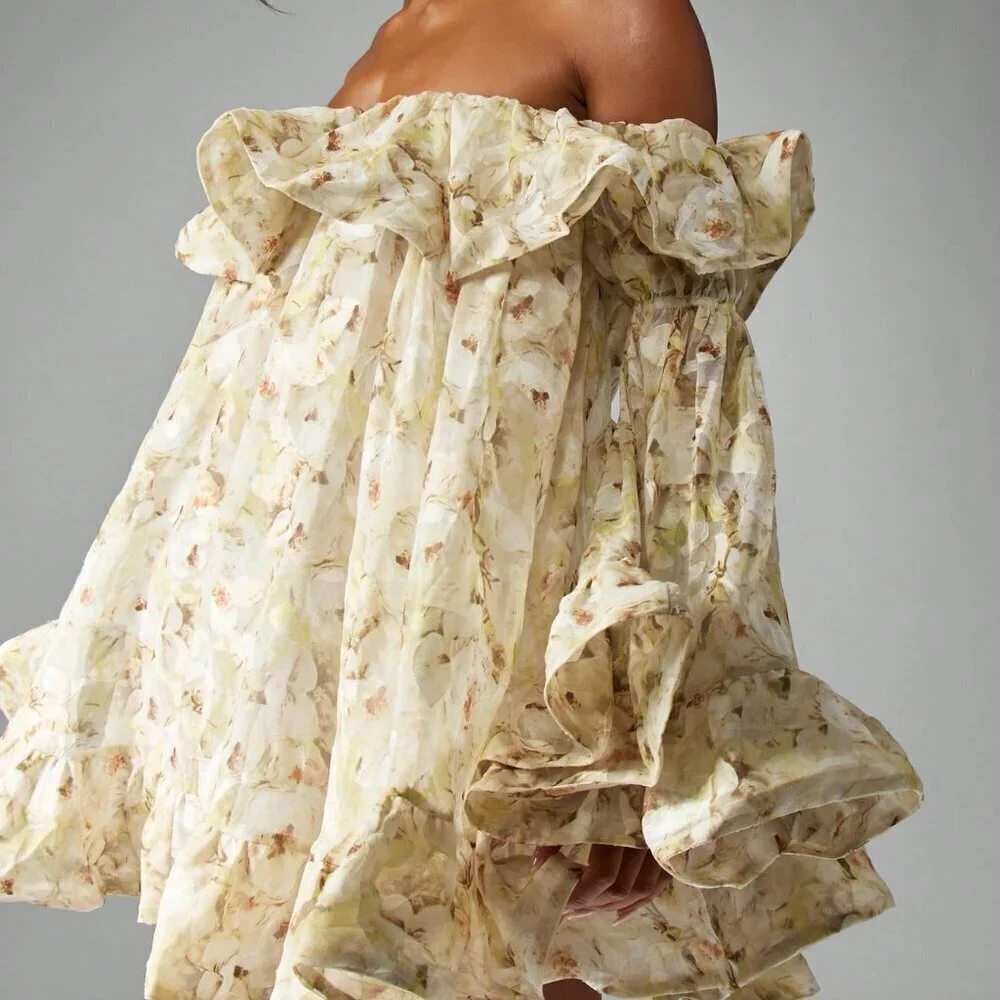 Yellow Boho Women's Chiffon Off Shoulder Floral Ruffle Bell Sleeve Mini Dress - Picture 6 of 6
